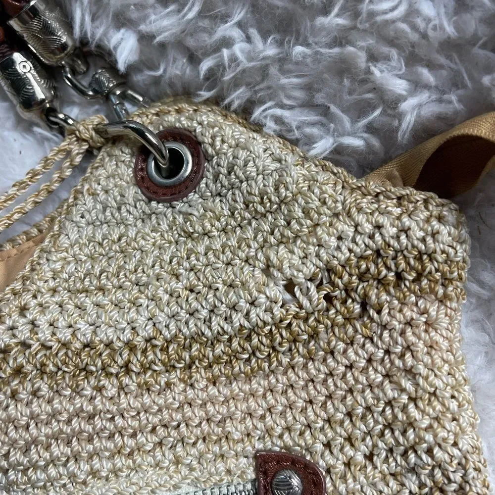 The SAK Crochet Sand,gray &khaki bucket style shoulder bag braided brown straps